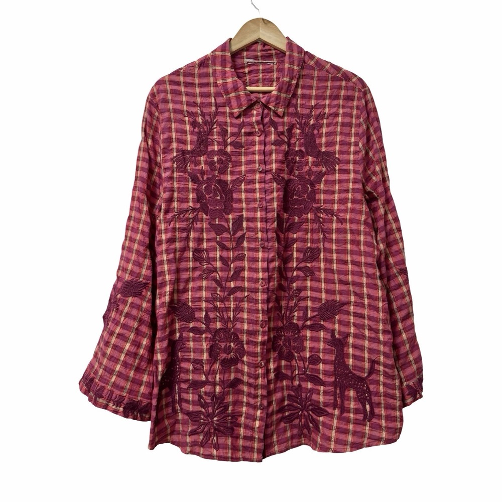 Johnny Was Martina Kimono Sleeve Embroidered Button Up Shirt Size 1X Burgundy